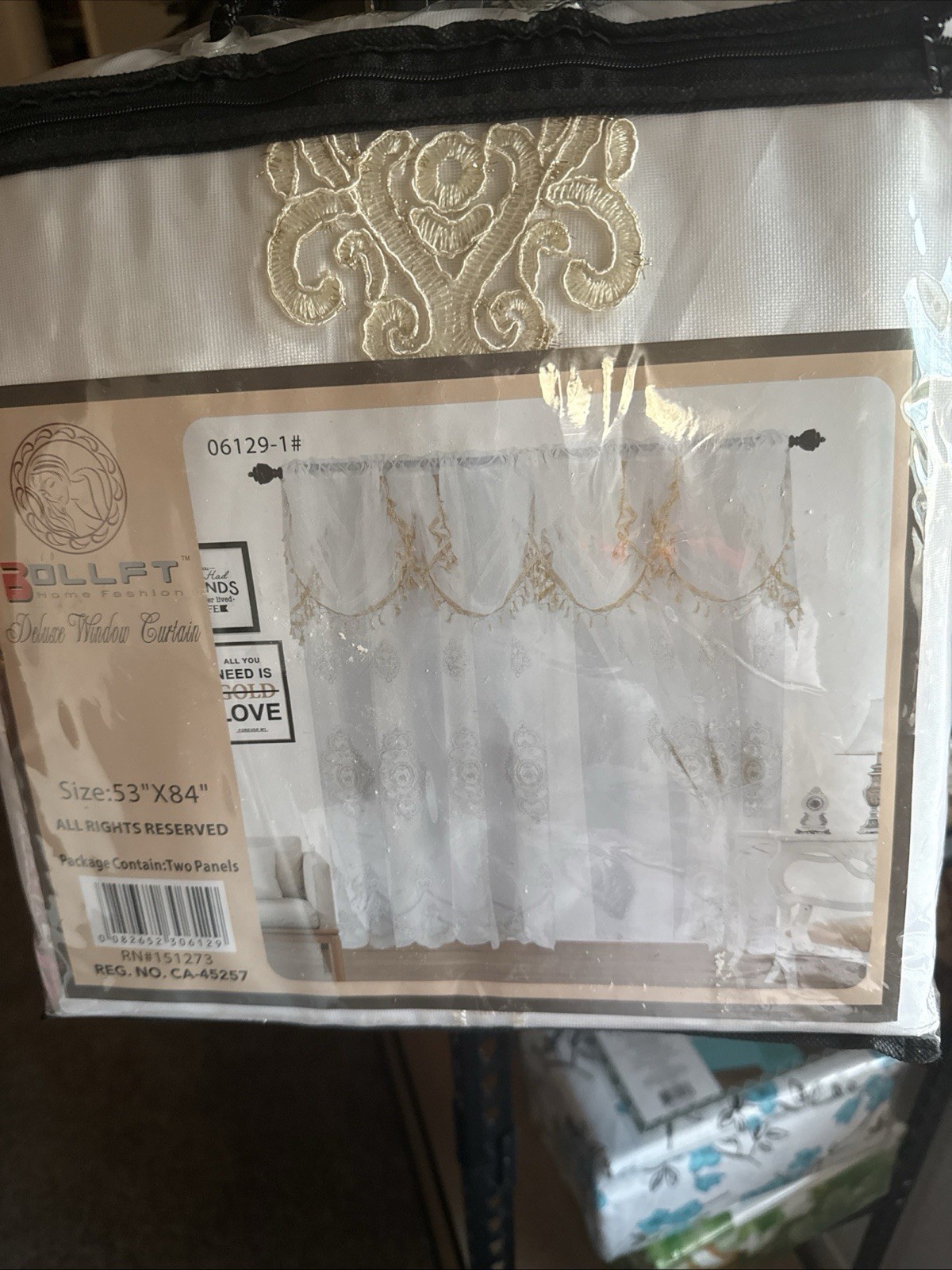Bollfit Embroidered Sheer Window Curtain Panels, White & Gold, 53x84in