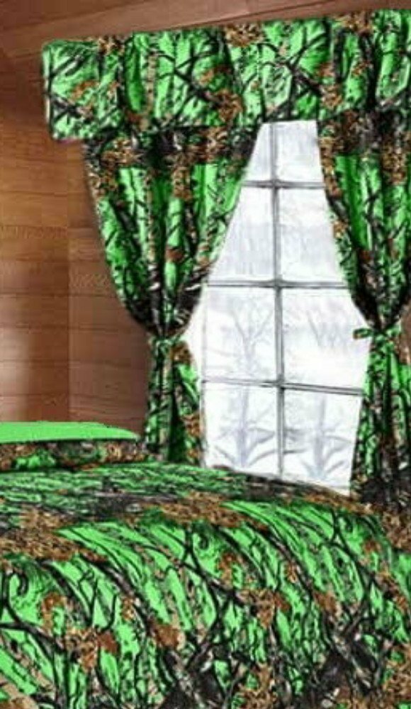 5 PC CURTAIN VALANCE SET BIOHAZARD GREEN CAMO!! CAMOUFLAGE THE WOODS