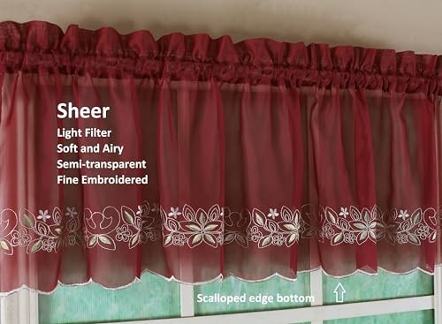 , Emelia Embroidery Sheer Swag 38″, Swag Pair 59″W x 38″L (Pack of 1) Burgundy
