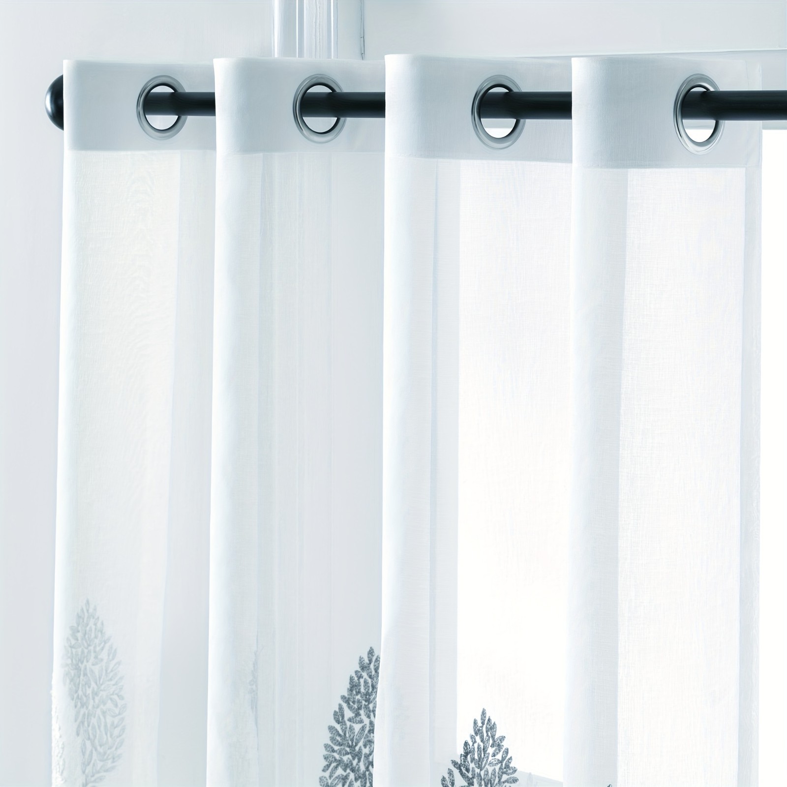 1 Panel Semi Sheer Leaf Embroidered Curtain, Grommet Top Voile Window Drape