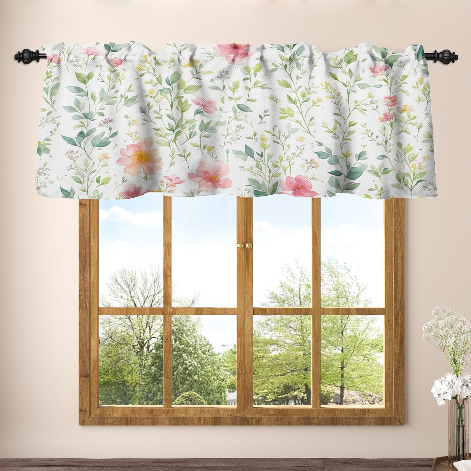 42×18 Inch Spring Floral Kitchen Valance Curtain Sage Green Leaf Pink Flower …