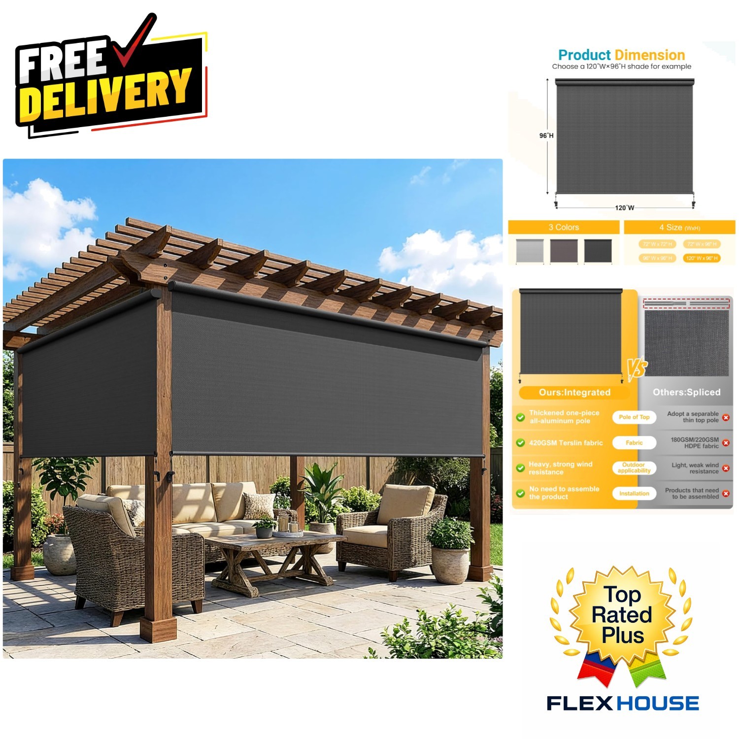 Patio Roller Shades – Manual Pull Rod with 95% UV Protection, 6’W x 6’H