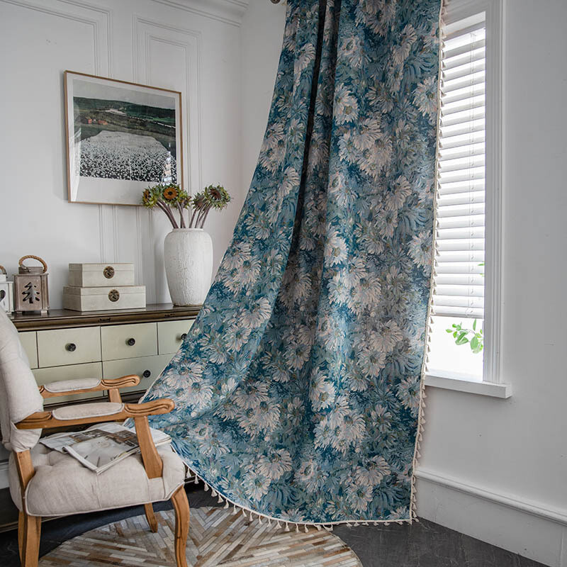 Blue Floral Pattern Blackout Curtain Panel for Bedroom or Living Room
