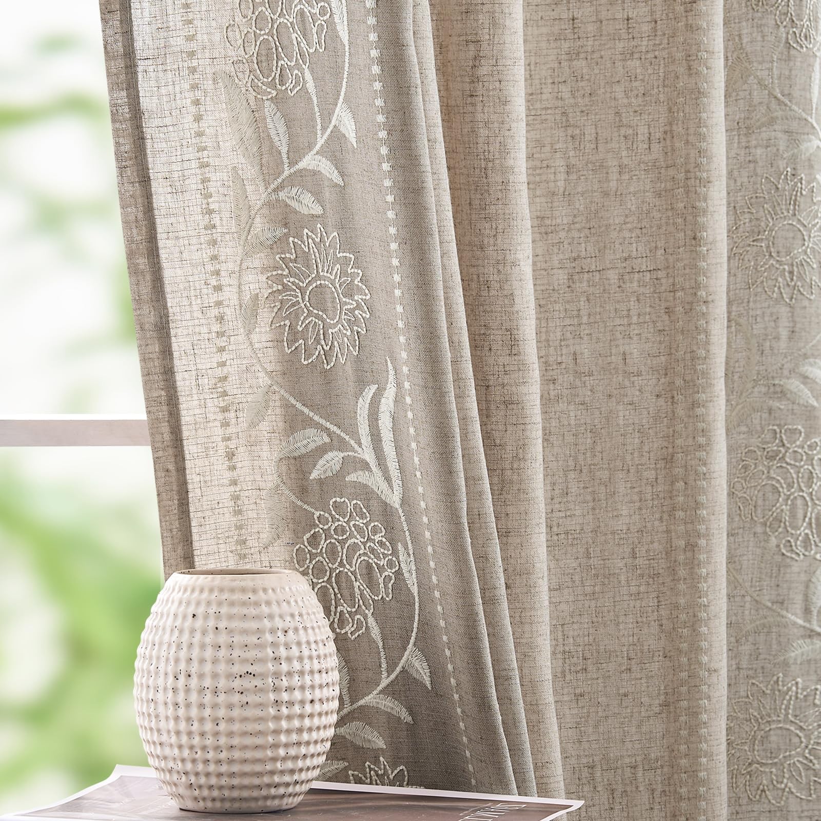 Winslow Linen Curtains for Bedroom 84 Inches Length Ivory on Taupe Embroidere…