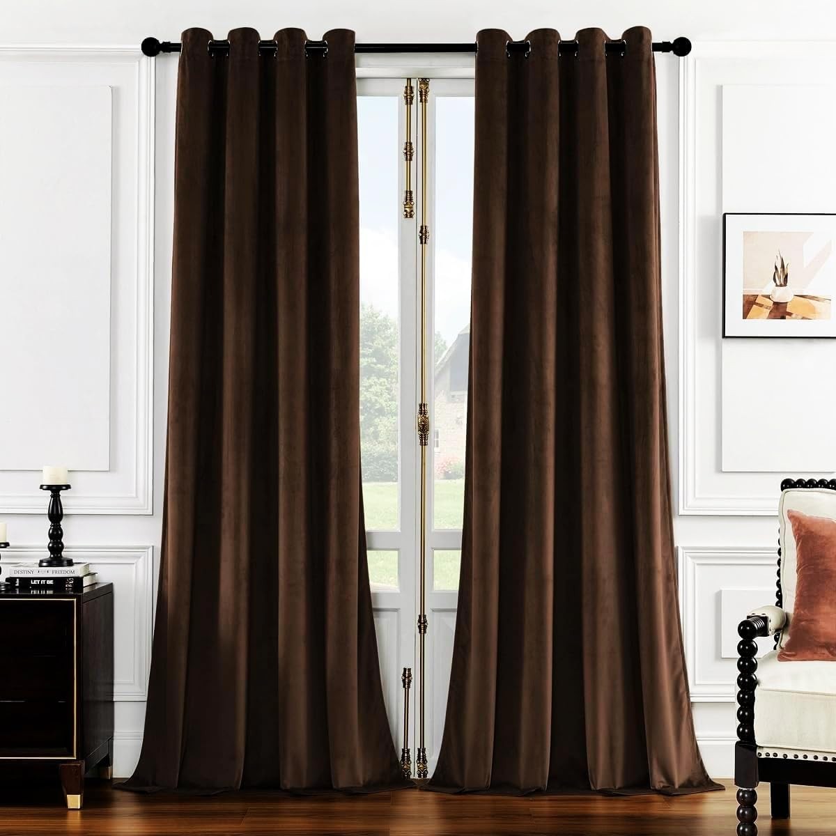SMILETIME Brown Long Luxury Velvet Curtain Panels W Grommet 2 Panels 52W x 108L