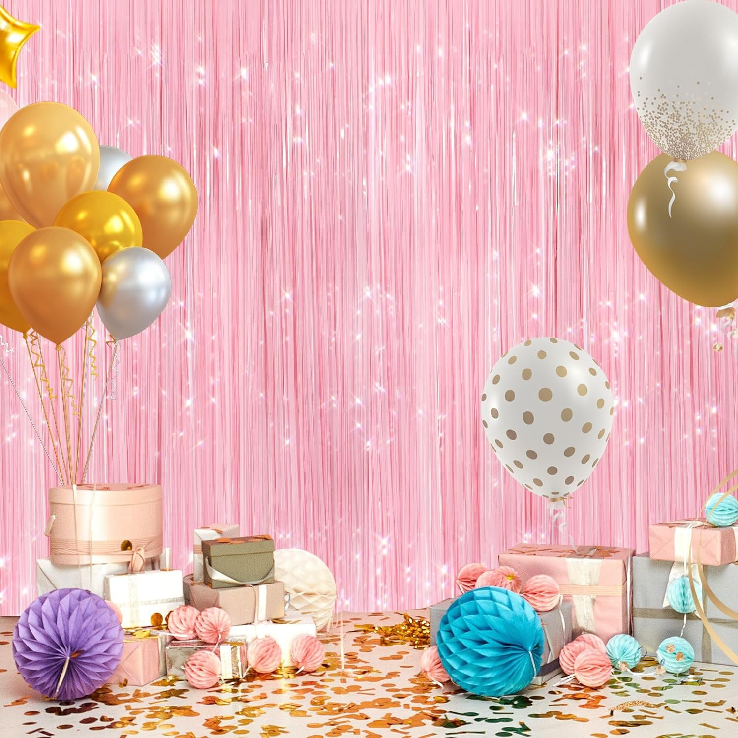 2Pack Pastel Pink Metallic Tinsel Foil Fringe Curtains, Pink Backdrop, Door Stre