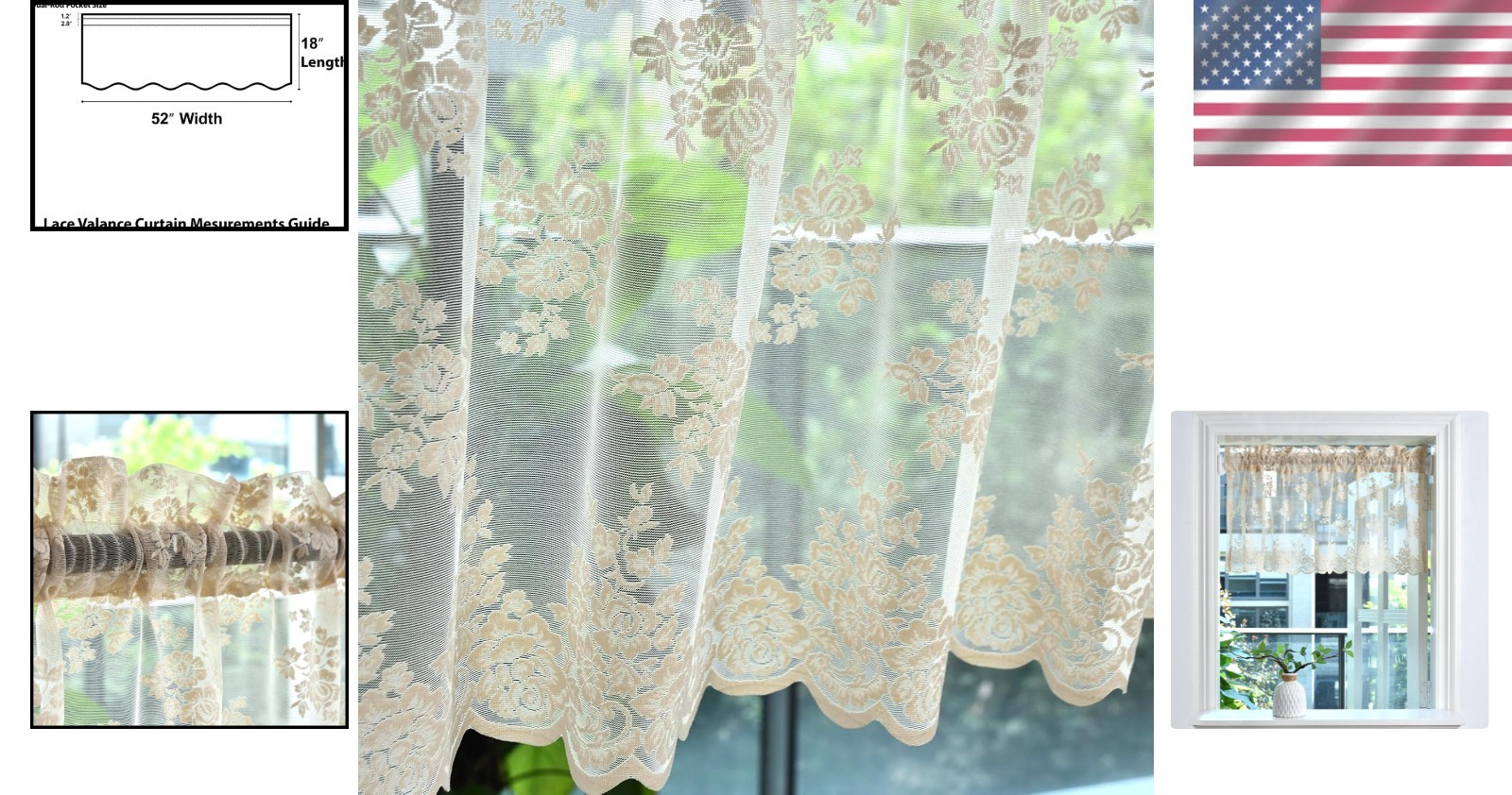 Machine Washable Beige Floral Sheer Valance Curtain – 1 Panel, 52″ x 18″