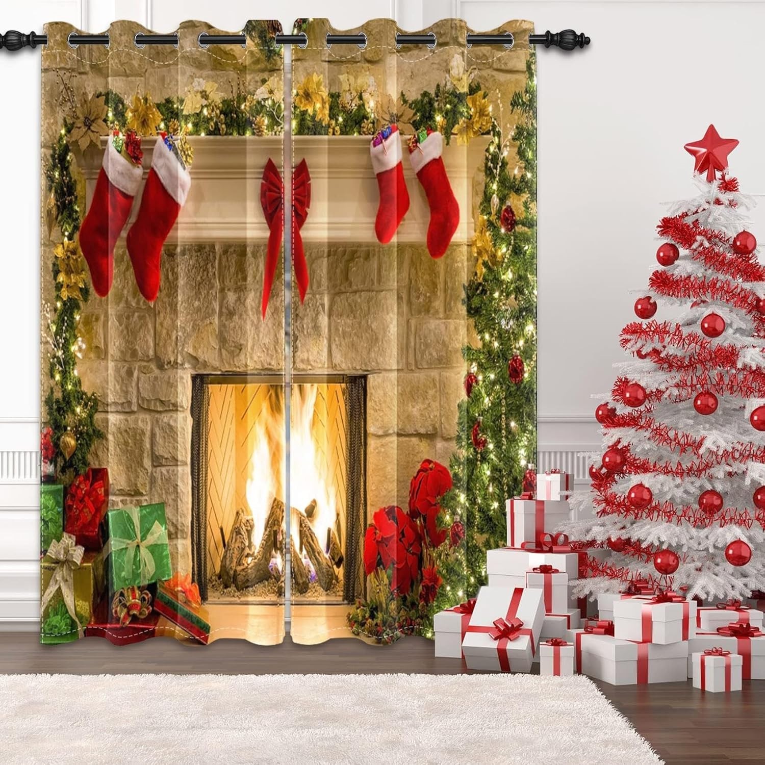 Merry Christmas Ornaments Window Curtains Fireplace Stockings Xmas Trees 42Wx84H