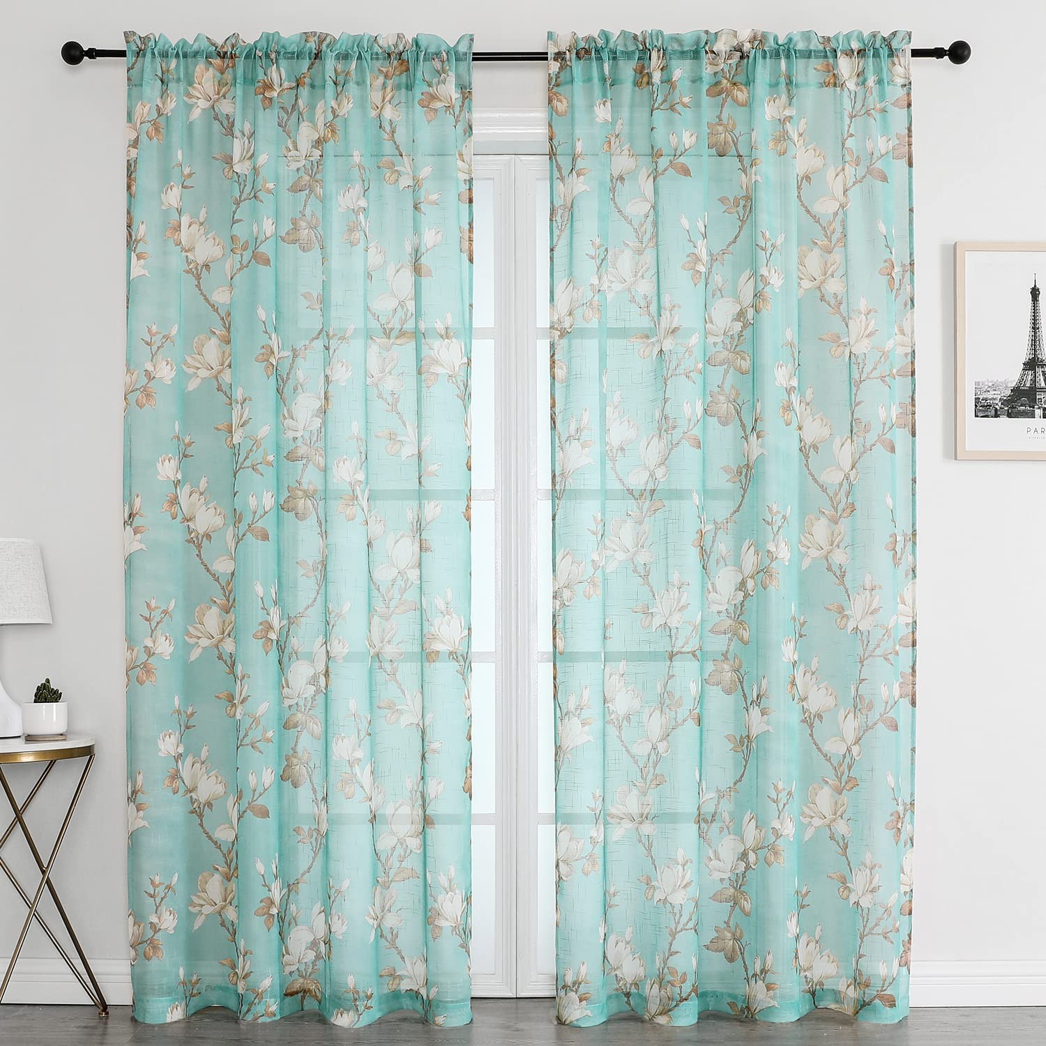 Turquoise Sheer Curtains 63 inch Length 2 Panels for Living Room,Floral Semi …