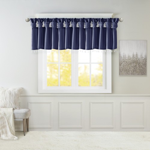 KA Lightweight Faux Silk Valance With Beads Navy 50×26″,Machine washable