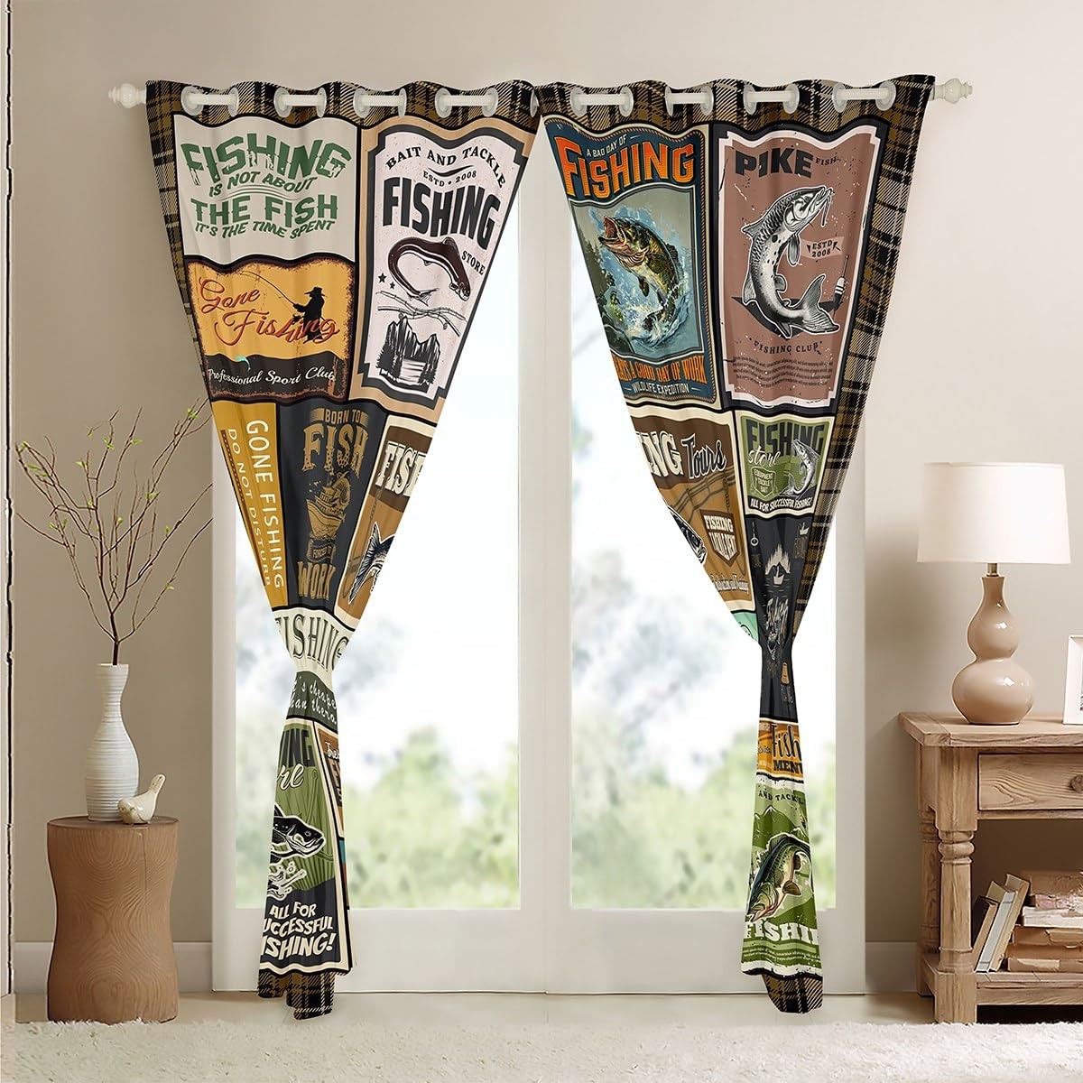Jejeloiu Fish Curtains Vintage Fish Stamp Pattern Curtains For Bedroom Living