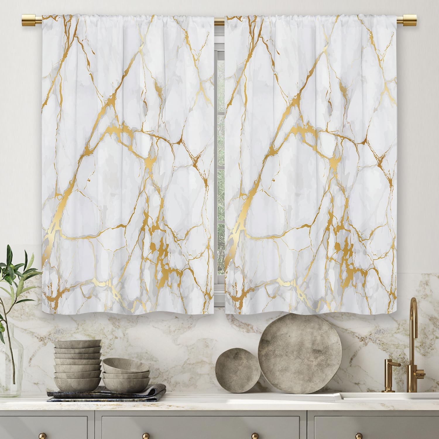 Gold Marble Kitchen Curtains Golden 26″W x 36″L (Pack of 2) 14_gold_marble