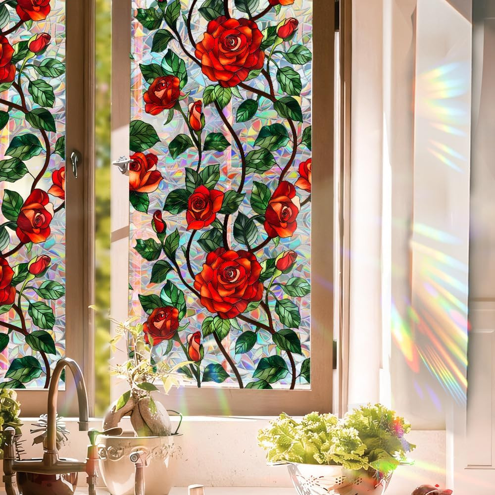 Red Rose Stained Glass Window Film 3D Rainbow Cling Privacy UV Block Decor