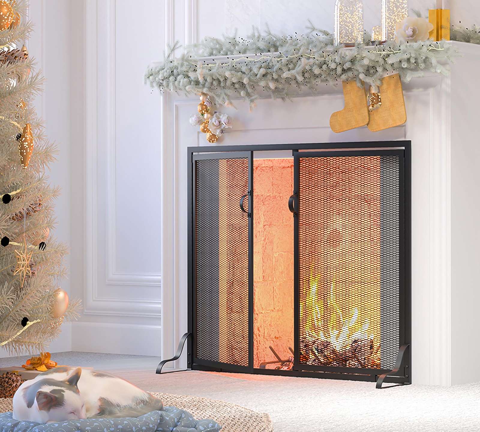 Fireplace Screen with Magnetic Doors, 2-Pannel Handcrafted Solid Wrought Iron…