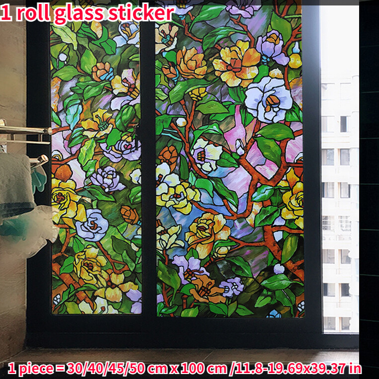 Frosted Decorative Window Film Retro Static Cling Glass Sticker Camellia Printed