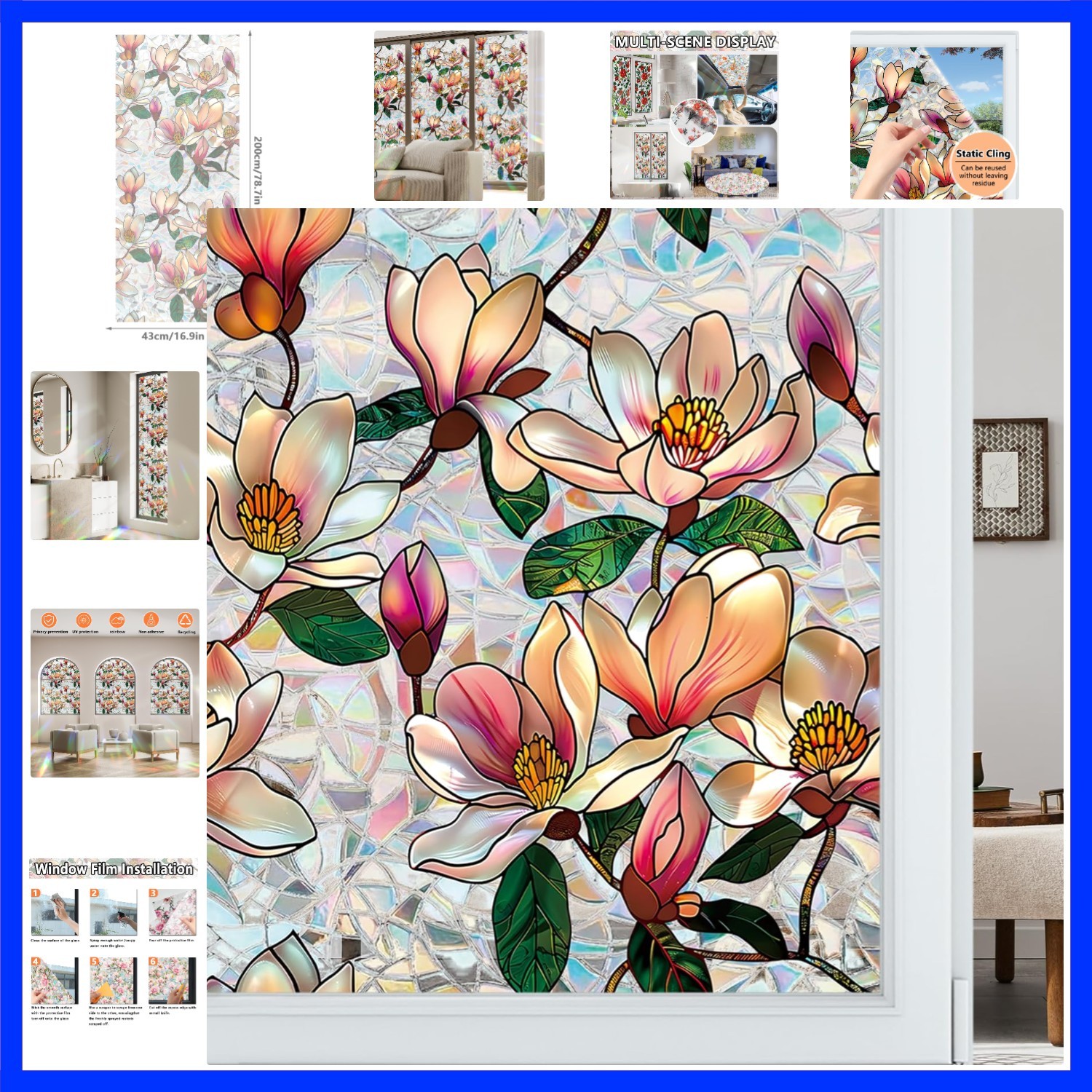 Magnolia Stained Glass Decal, 16.93 x 78.74 Inch Rainbow Privacy Window Film,…