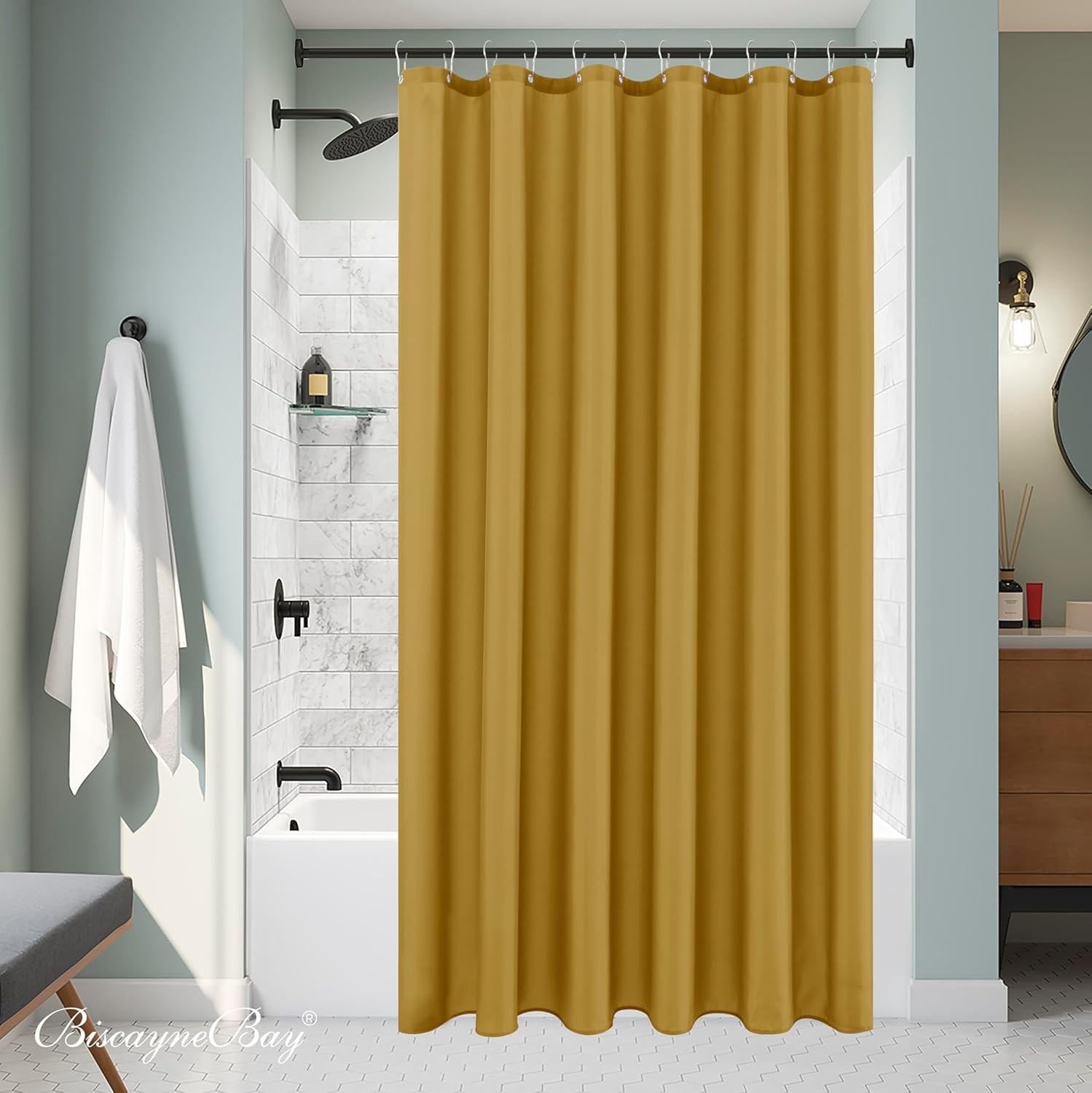 Biscaynebay Hotel Quality Fabric Shower Curtain 72″W x 72″L (Pack of 1), Gold