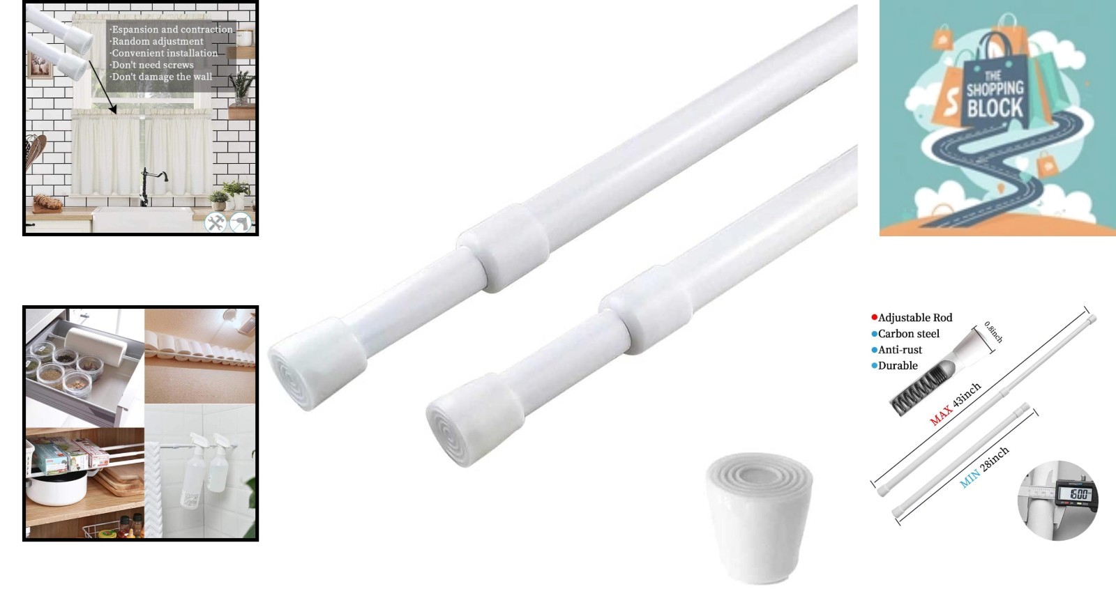 2 Pack White Adjustable Spring Tension Curtain Rods 28-43 Inches
