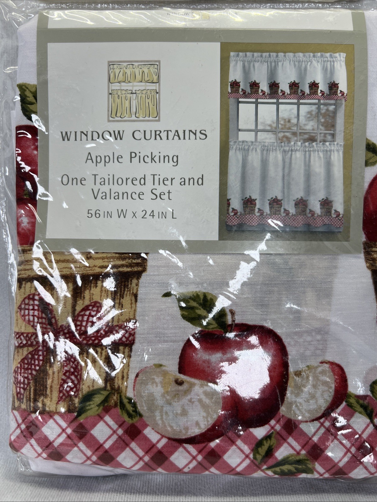 Kitchen Curtain Tier and Valance Set Red Apple Picking Gingham 56″W X 24″L Poly