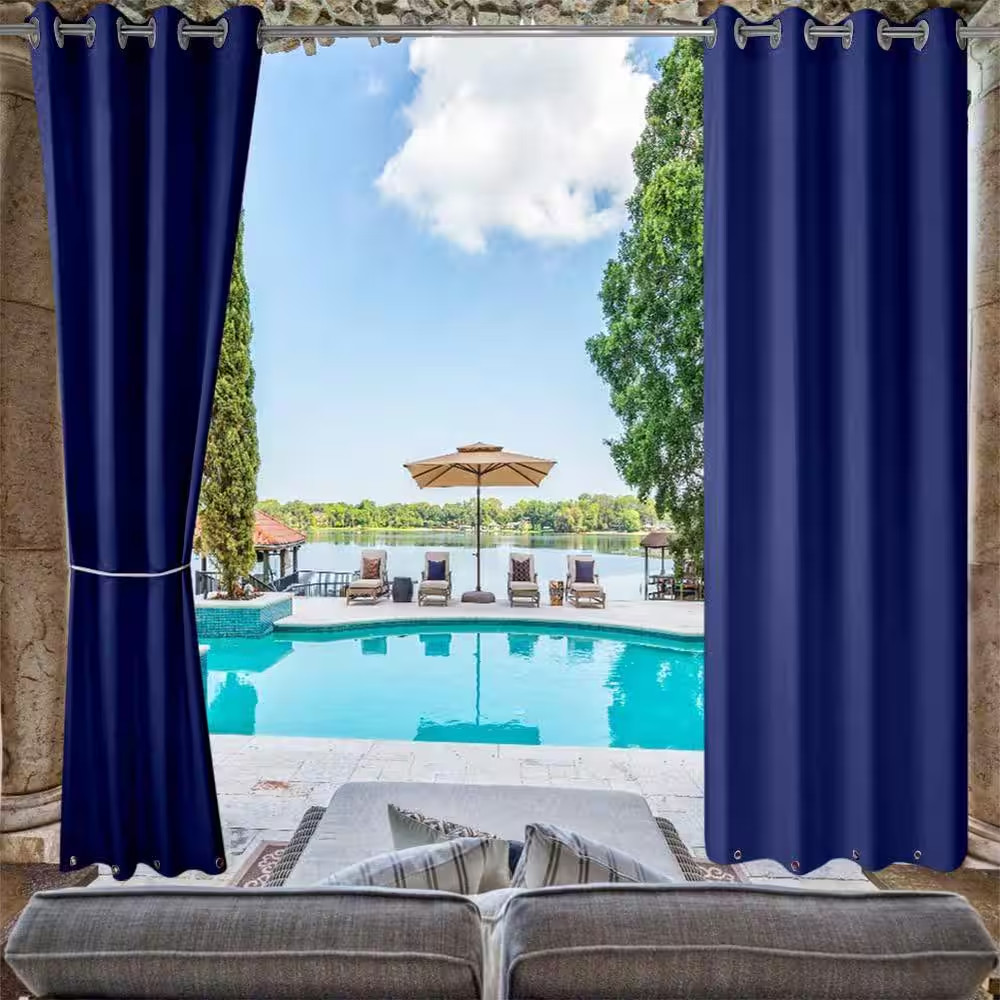 Navy Smooth 50 In. W X 84 In. L Outdoor Curtains for Patio Waterproof Drapes on
