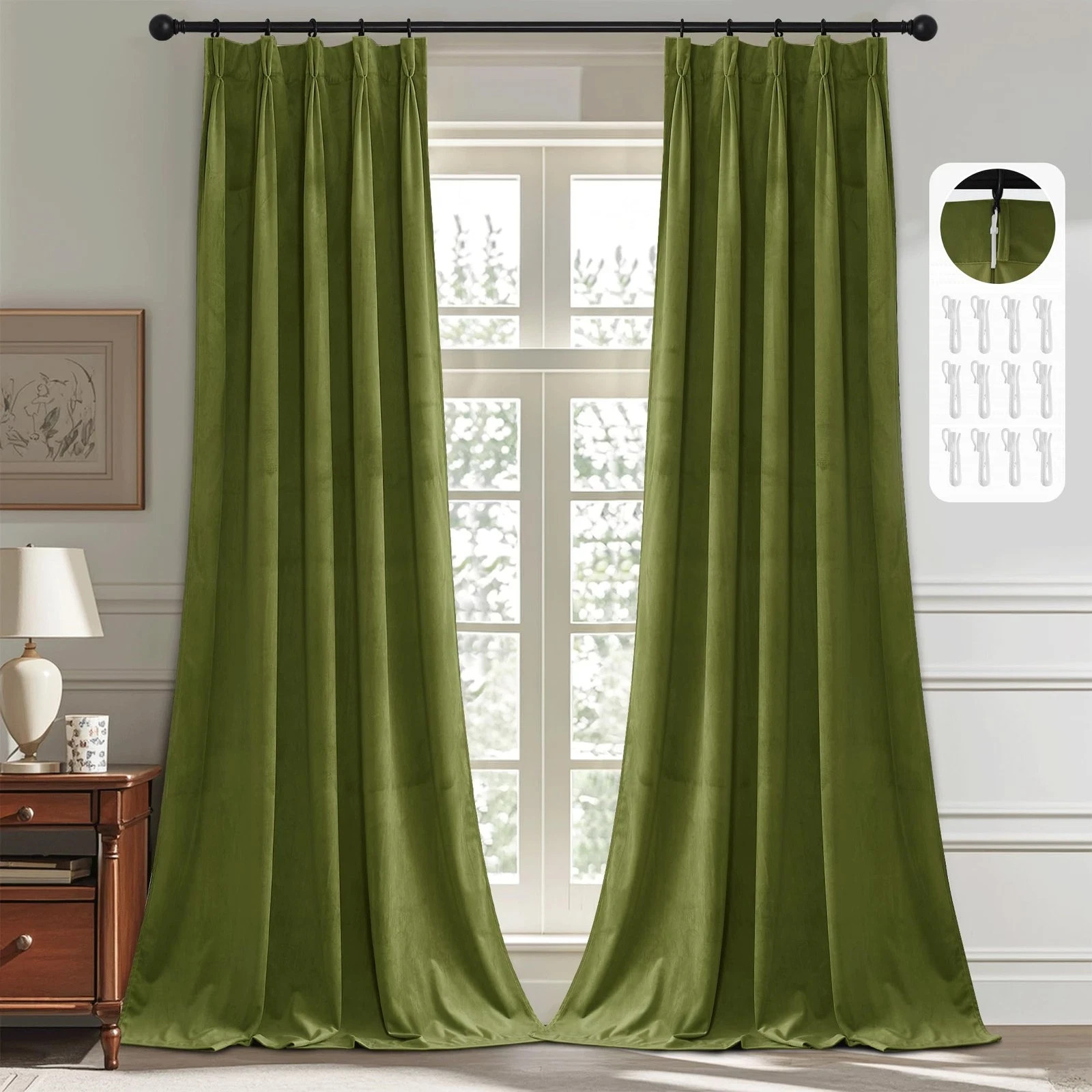 Olive Green Velvet Pinch Pleated Curtains 96 inches Long, Block Light Thermal In