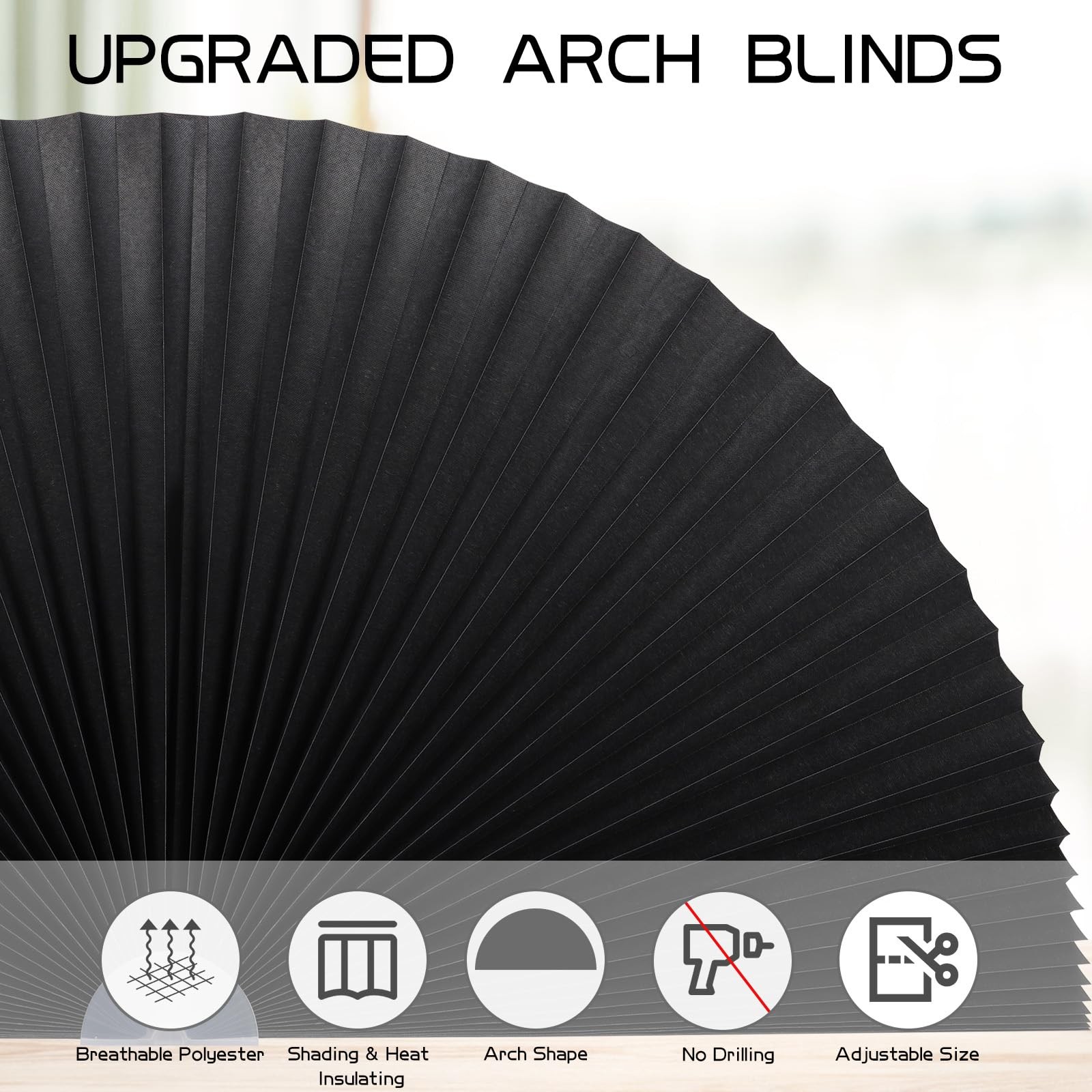 Arch Small Window Shade Curtains Half Circle Moon Pleated 24″W x 12″H, Black