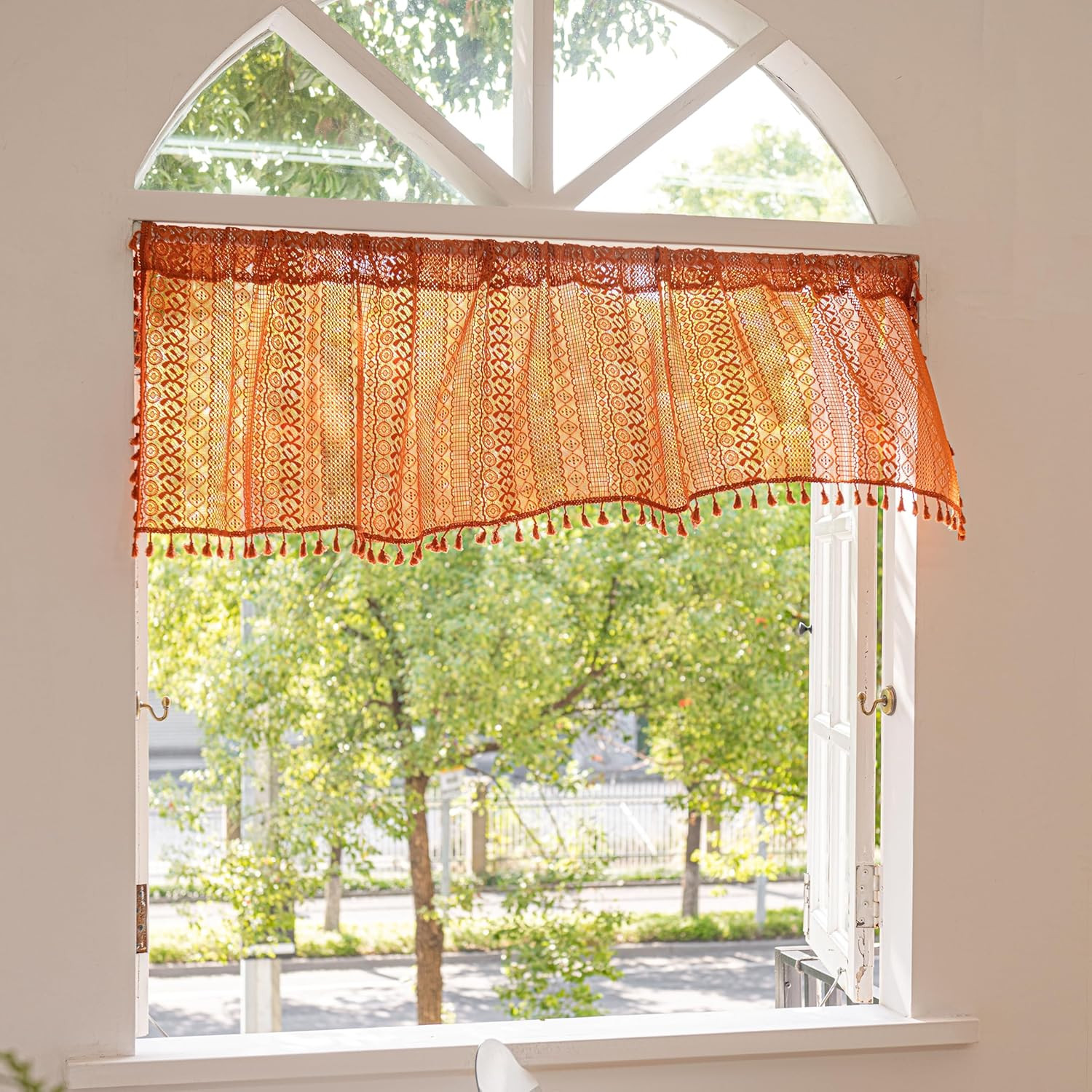 Boho Valance Curtains for Kitchen 59″W x 18″L (Pack of 1) Burnt Orange Crochet