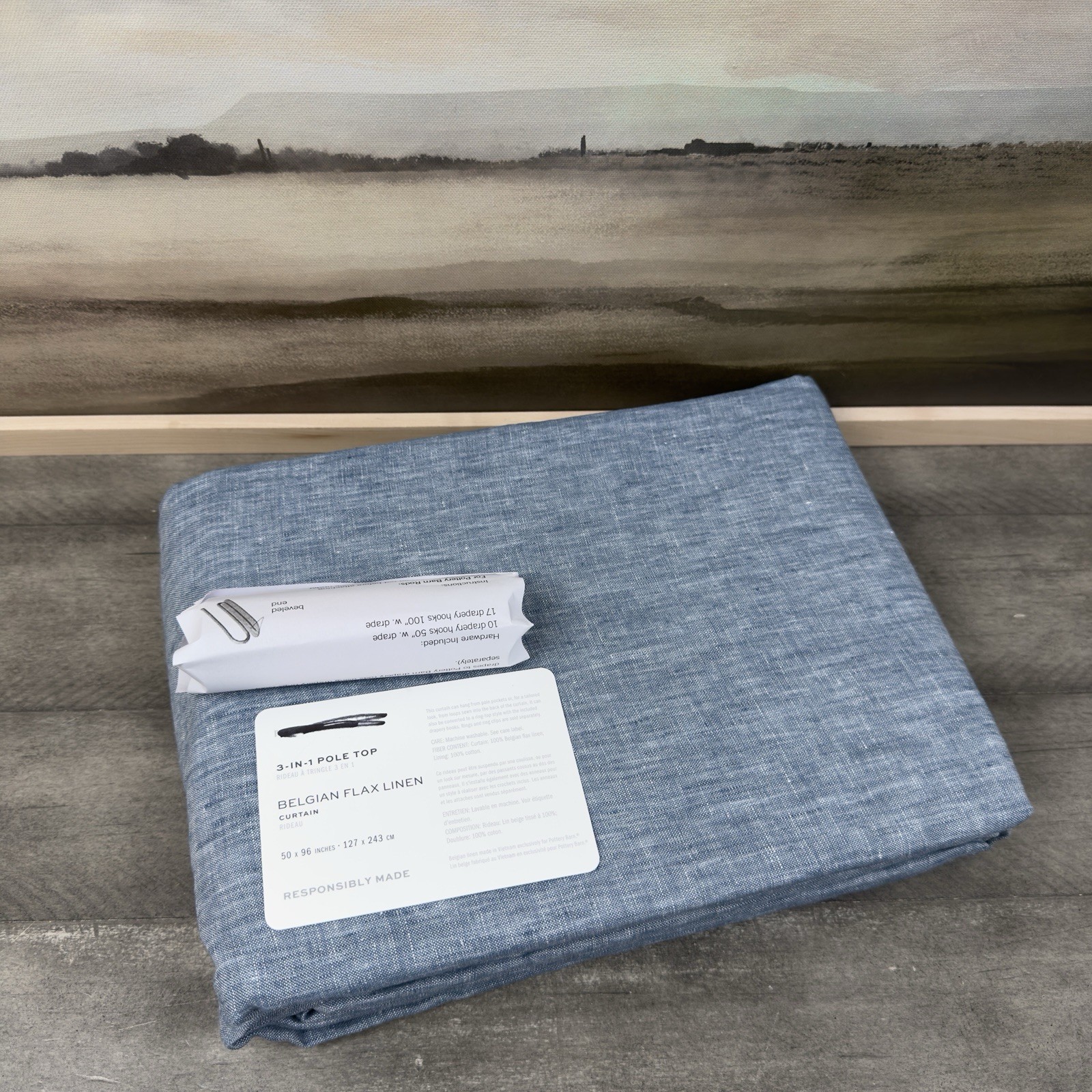 Pottery Barn Belgian Flax Linen Curtain Drape 50”x96” Cotton Lined Blue Chambray