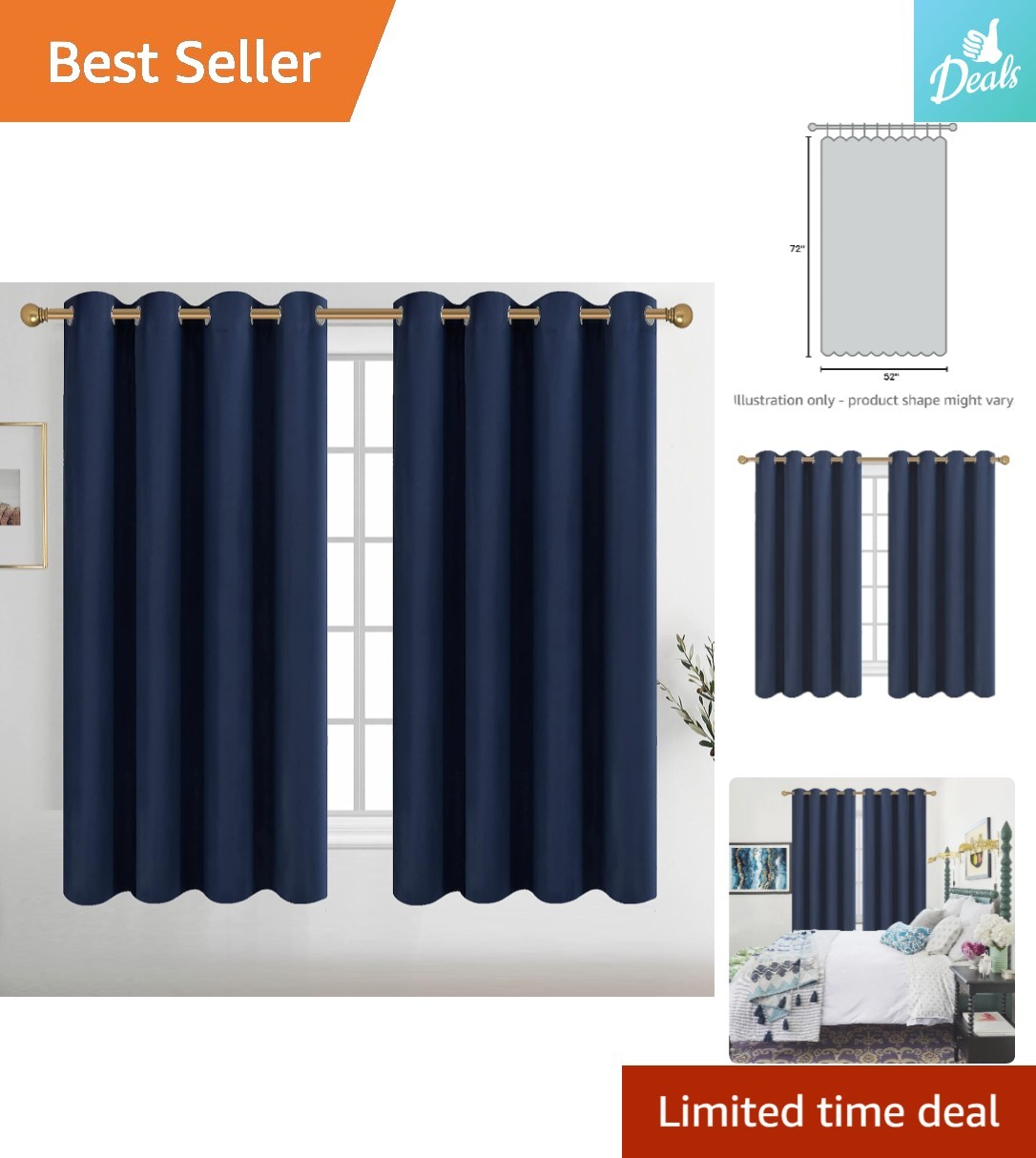 Navy Blue Thermal Insulated Grommet Blackout Curtains – 52×72 inch Set of 2