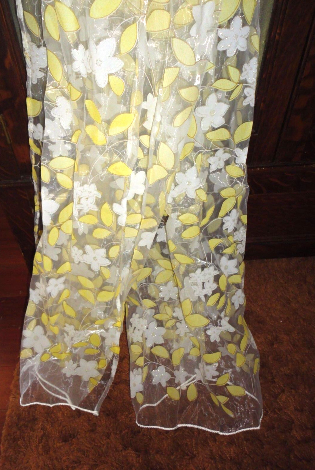 SEMI SHEER YELLOW & WHITE FLORAL SHIMMER LEAVES (PAIR) PANELS 36 X 76