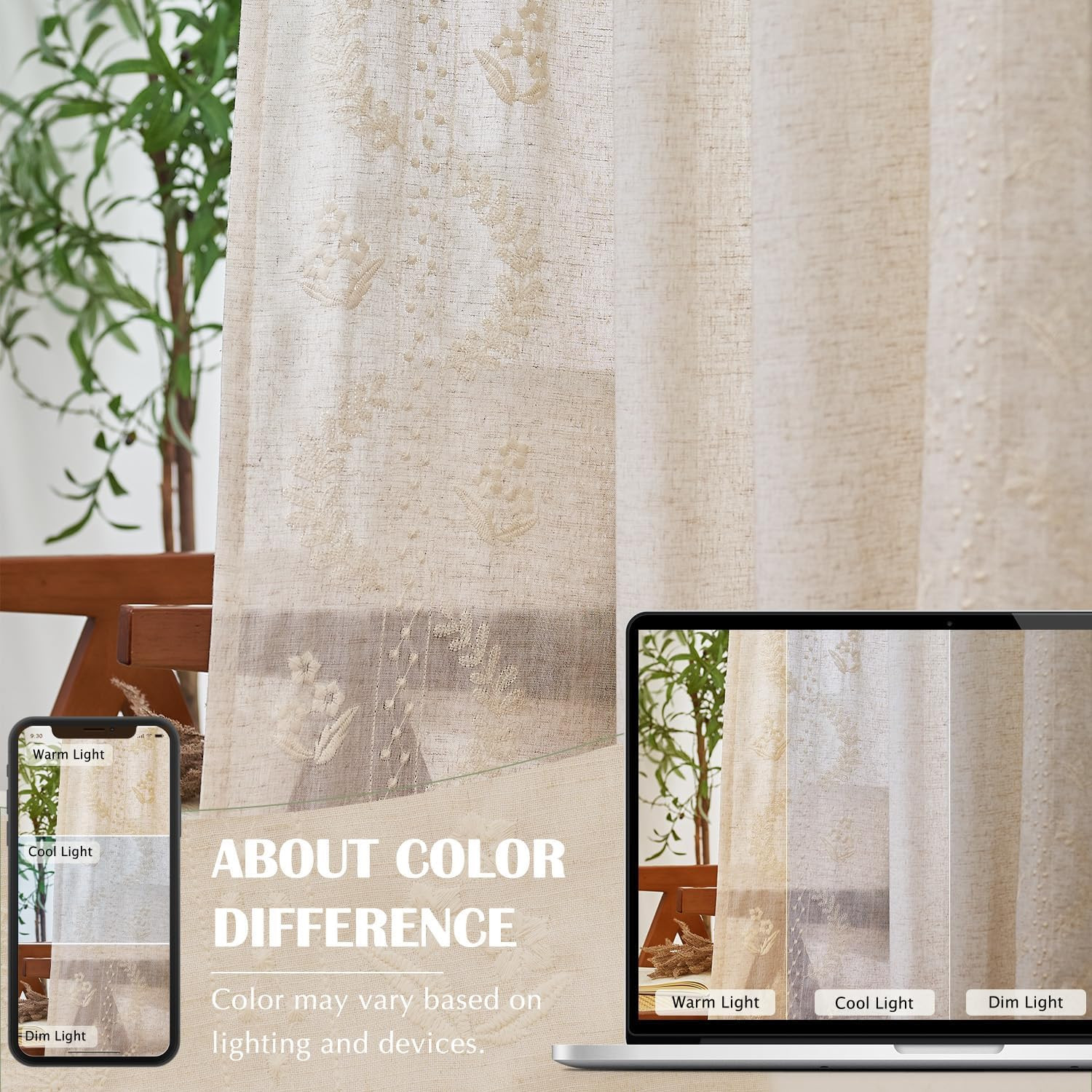Floral Linen Curtains 96″ Ivory Embroidered Drapes for Bedroom & Living Room