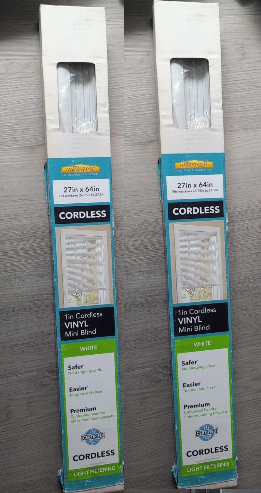 (2) pack White Cordless Light Filtering 1 in Slats Vinyl Mini Blind 27″W x 64″L