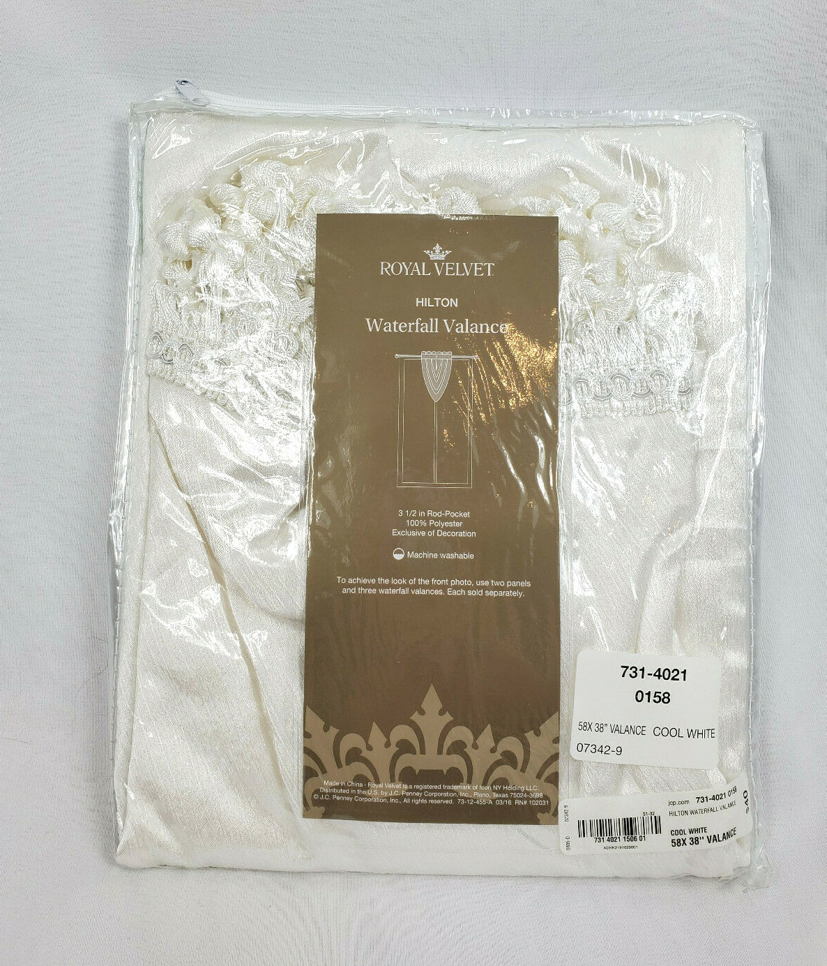 Royal Velvet Cool White Hilton Rod-Pocket Waterfall Valance, 58″x38″
