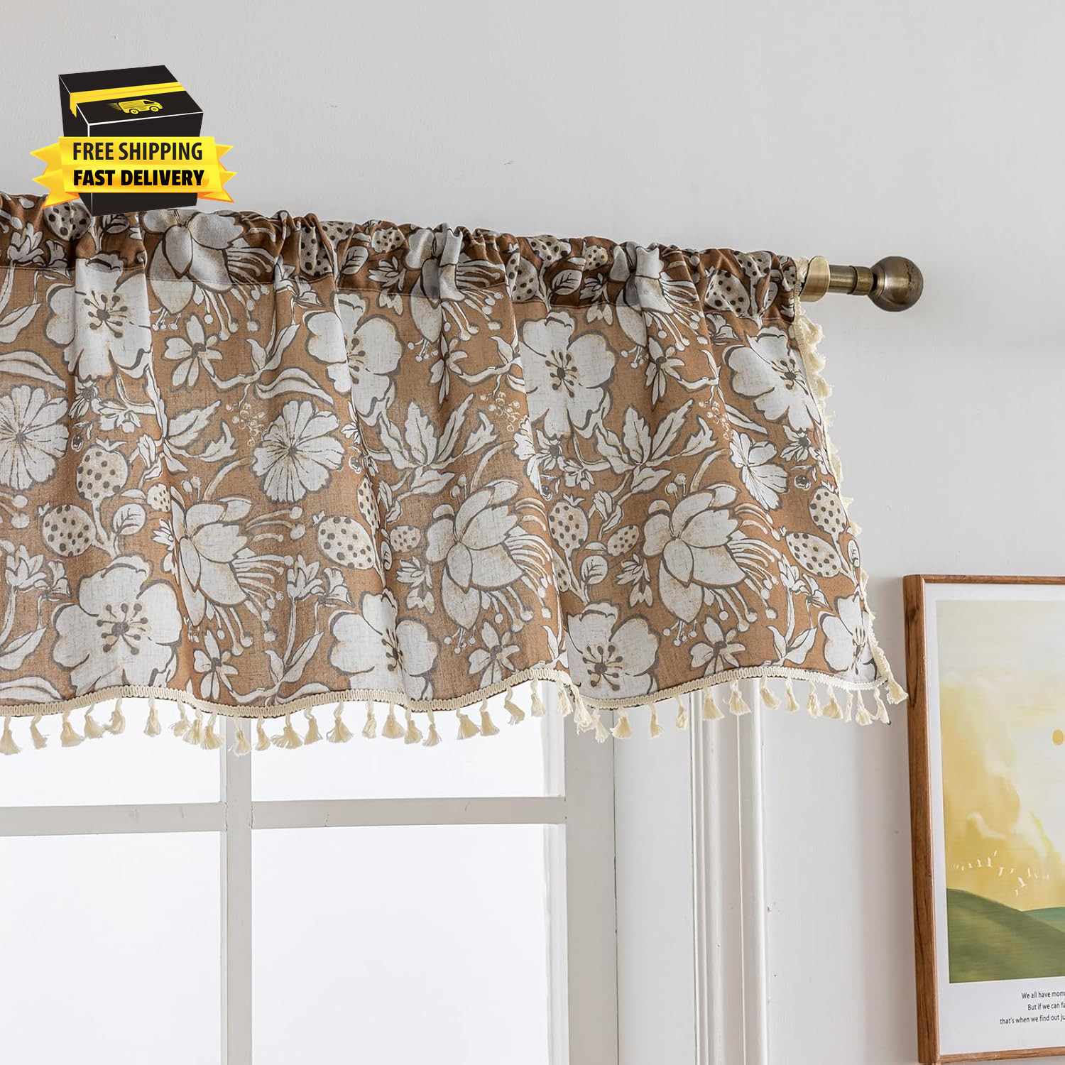 Boho Valance 18 Inch Single Boho Kitchen Curtains with Tassels Vintage Fall Flor