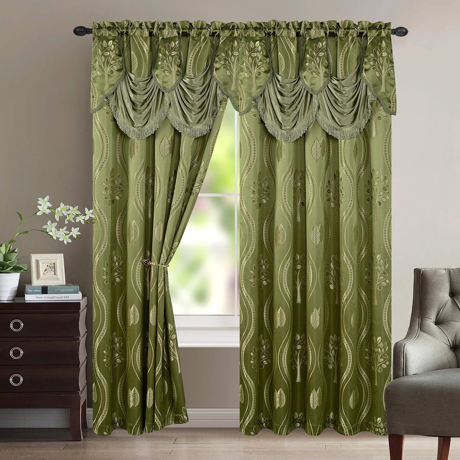 Aurora Jacquard Look Curtain Panel Set Attached Valance 54″ X 84 inch Set of 2