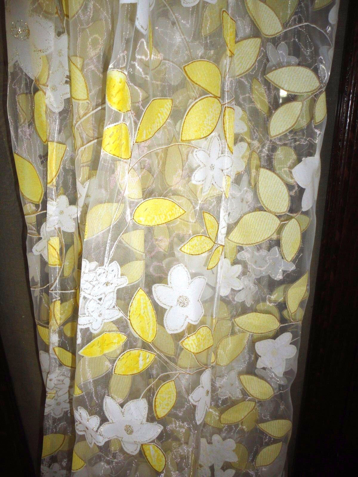 SEMI SHEER YELLOW & WHITE FLORAL SHIMMER LEAVES (PAIR) PANELS 36 X 76