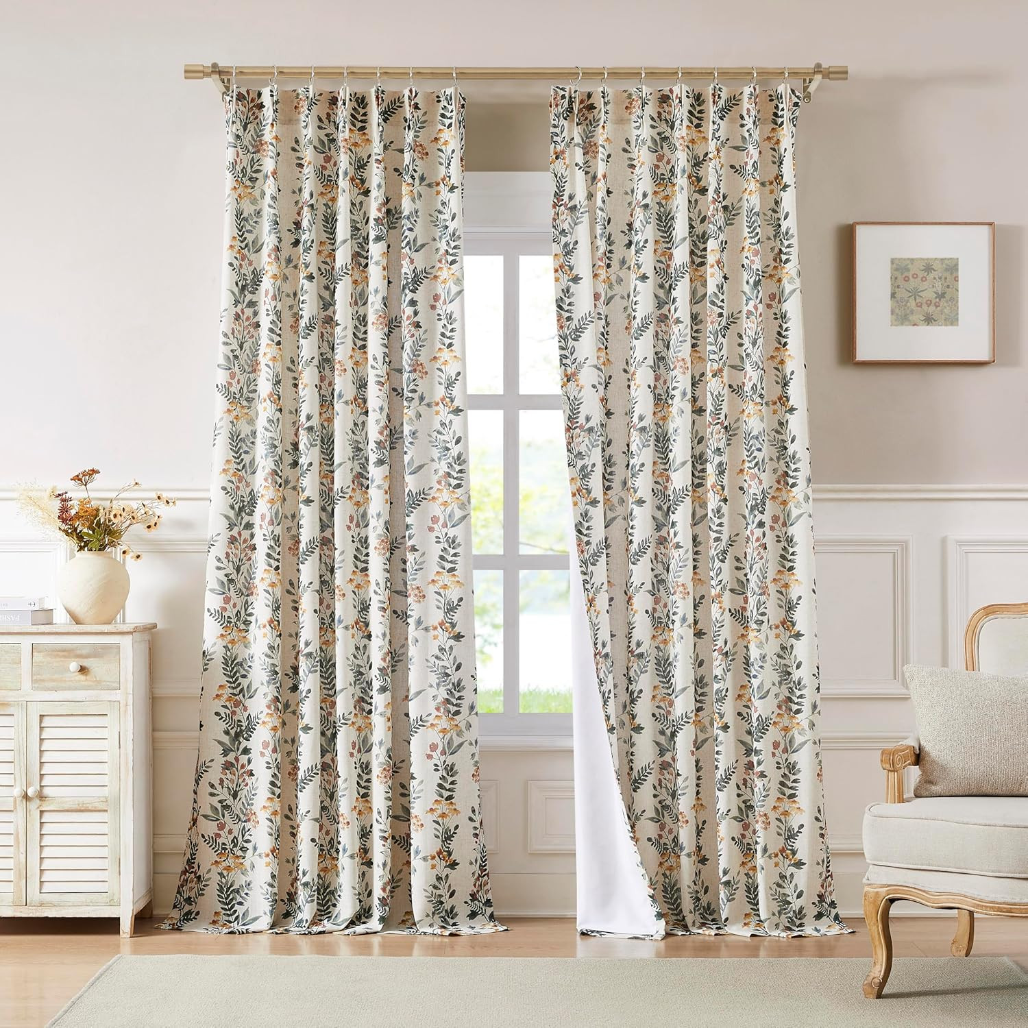 Botanical Pinch Pleated Window Curtains, Light Filtering, 40″x95″, 2 Panels