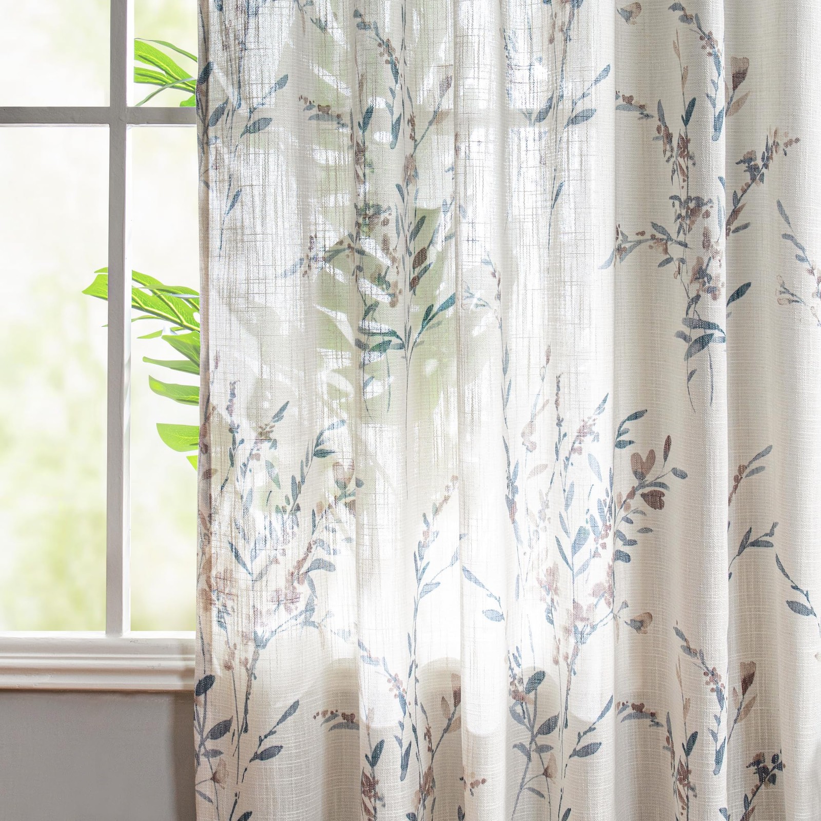 MYSKY HOME Linen Sheer Window Floral Curtains Panels Light Filtering Privacy …