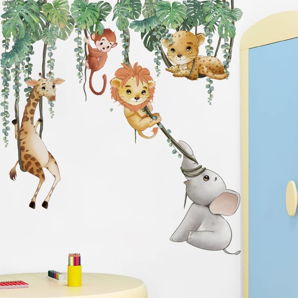 Runtoo Safari Animals Wall Decals Palm Leaves With Vine