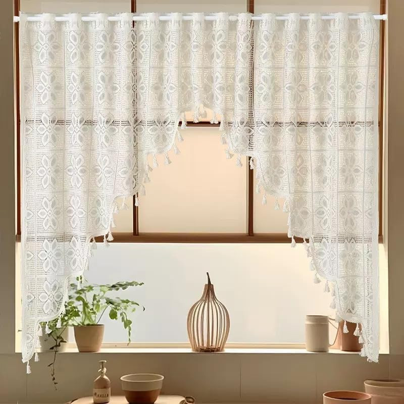 Boho Crochet Swag Curtain Valance with Tassels, Lace Floral Embroidered Semi She