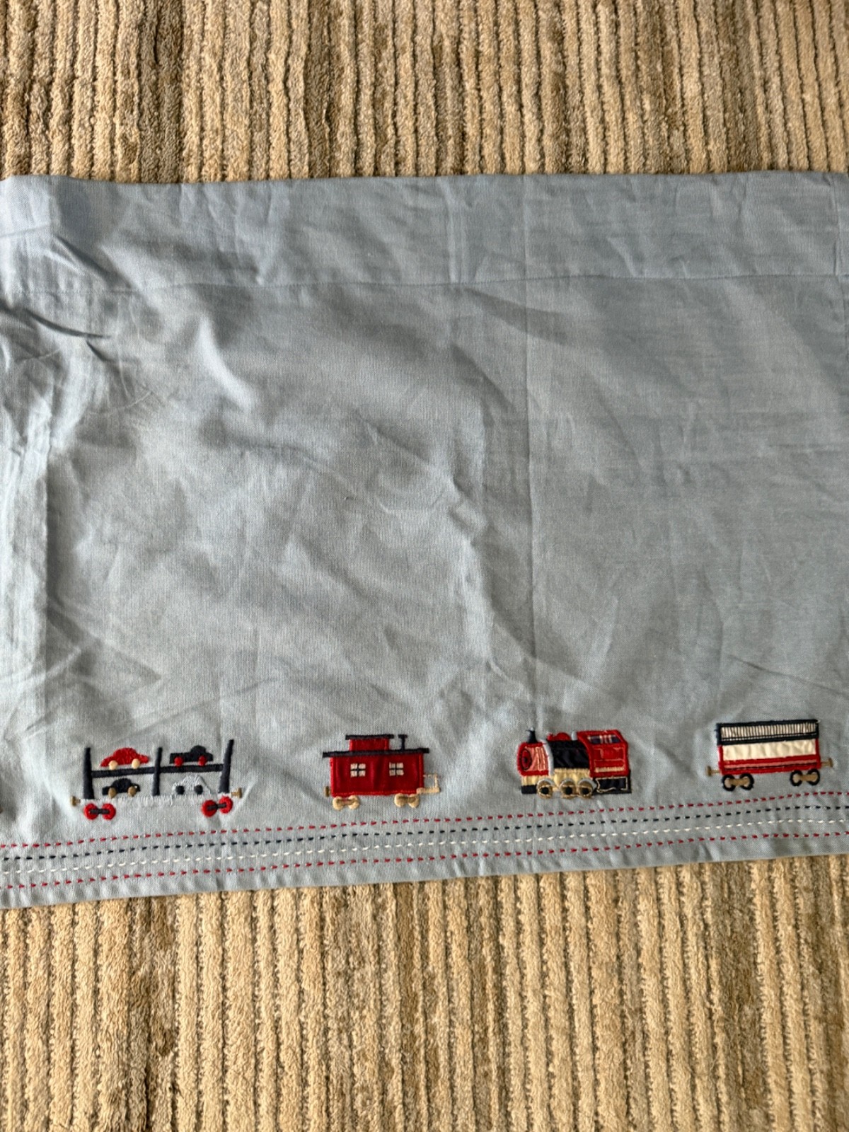 Pottery Barn kids Blue Chambray Train Trains Curtain Valance Single LIKENEW