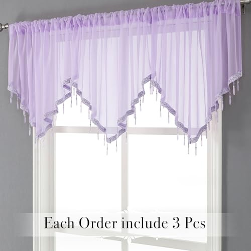 Beaded Sheer Curtain Valances for Kitchen 51″W x 24″L (Pack of 3) Purple
