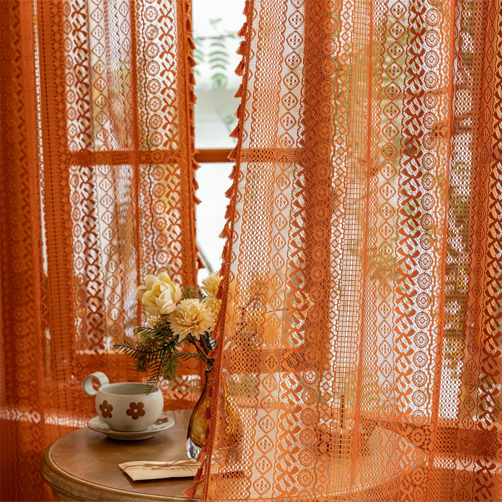 Terracotta Boho Lace Curtains 2 Panels 84 Inches Long for Living Room&Bedroom…