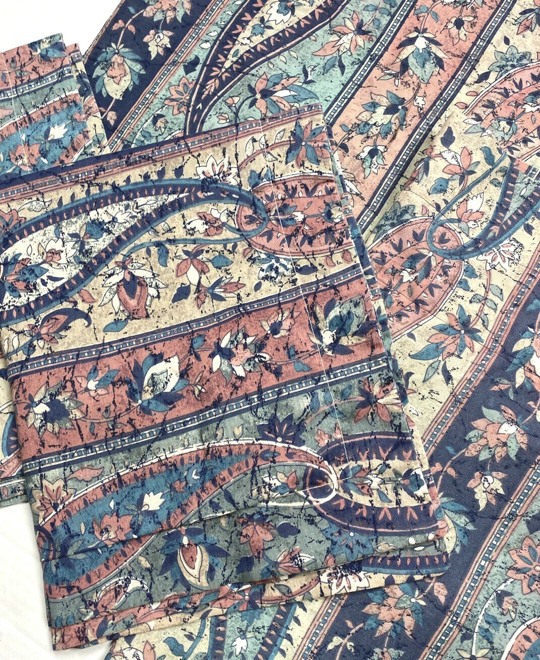 Vintage 1970s The Bibb Co Curtains & Bedding Set Valances Pillowcases Blue Pink