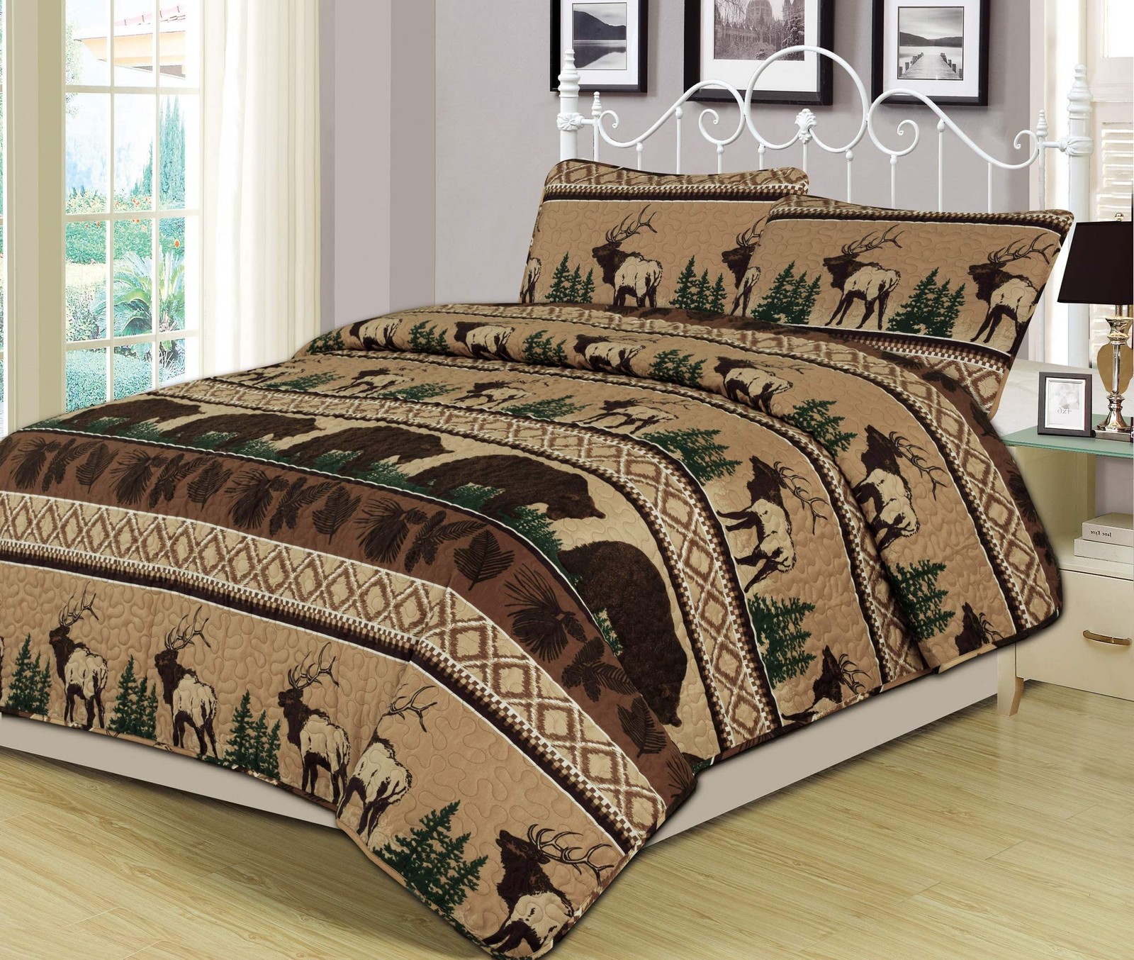 Bear Mountain 2-Piece Quilt Set Featuring Bear Elk Rustic Log Cabin Lodge, Ki…