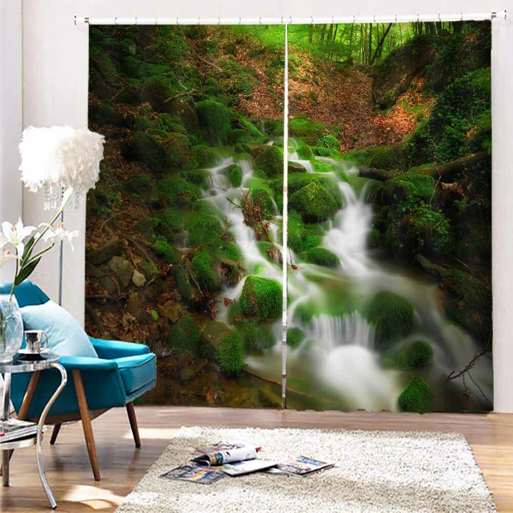Dark Forest Waterfall 3D Blockout Photo Print Curtain Fabric Curtains Window