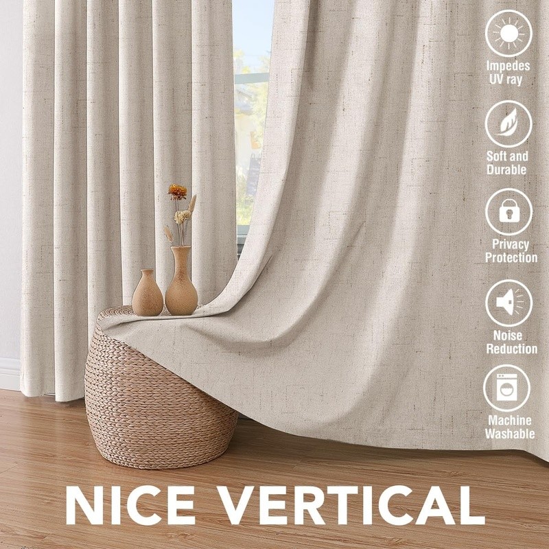 Blackout Linen Look Curtain Panels Eco-Friendly Draperies Noise Reducing New