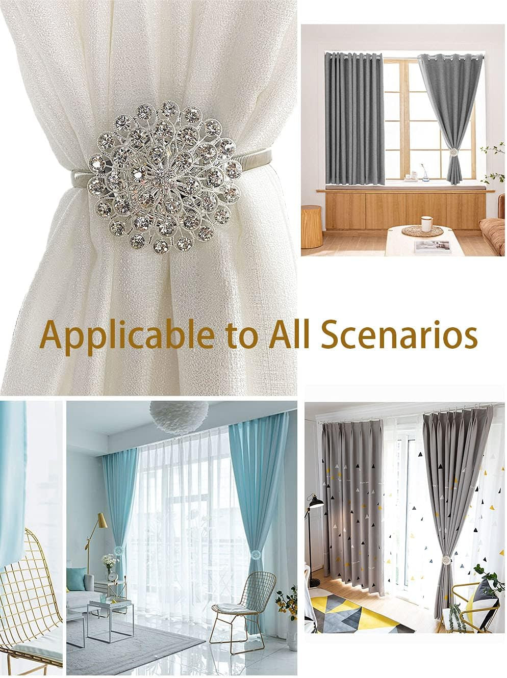 Magnetic Tiebacks for Curtains, 2 Pack Sparkling Crystal Flower Curtain Tiebacks
