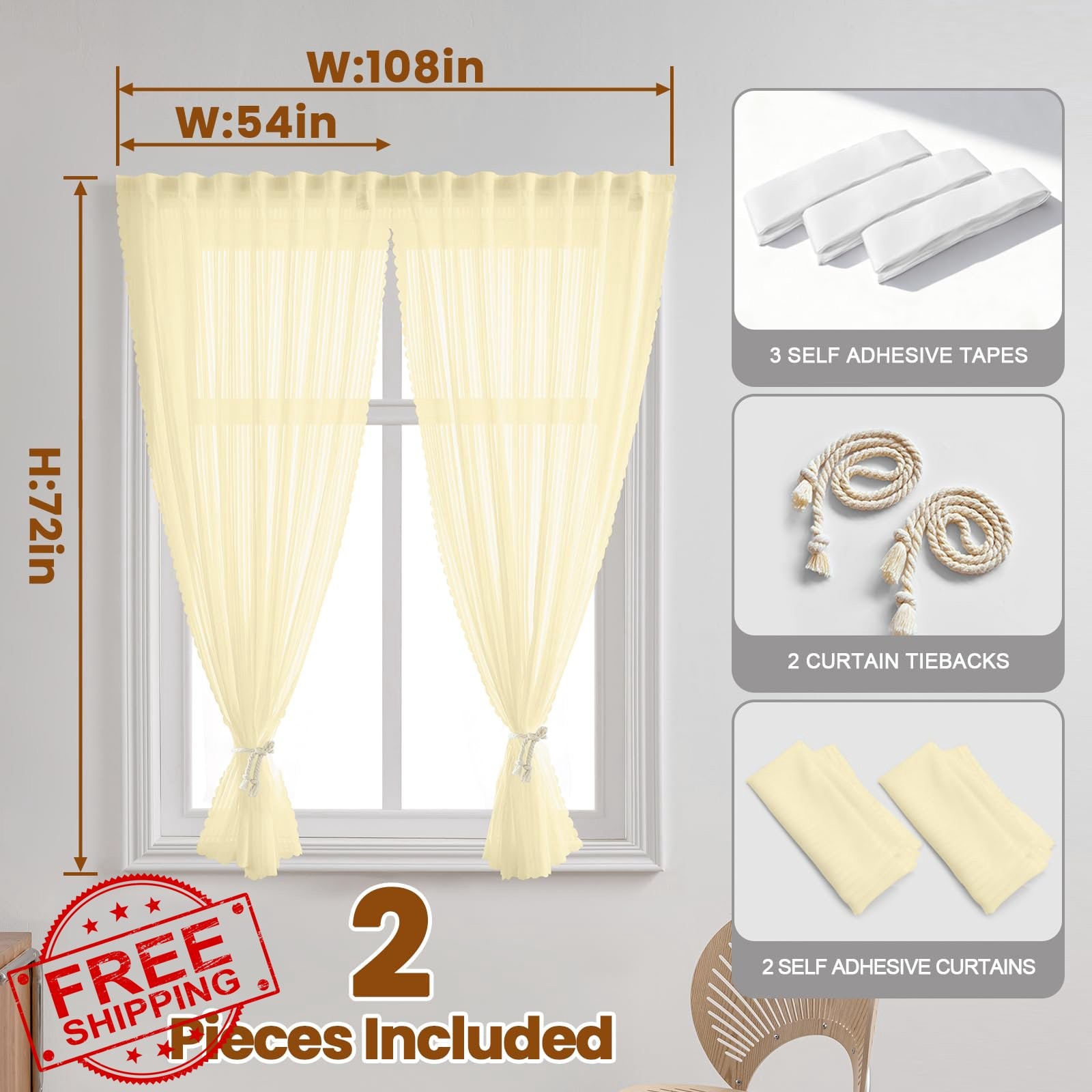 Sovtfides Beige Self Adhesive Sheer Curtains 53″W x 72″L 2 Panels
