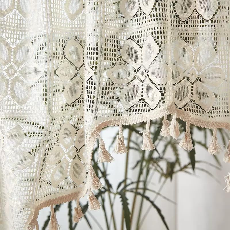 Boho Crochet Swag Curtain Valance with Tassels, Lace Floral Embroidered Semi She